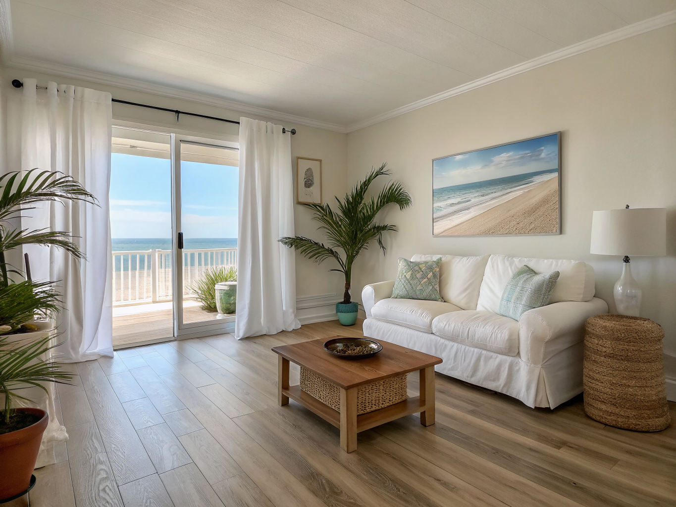 Pristine coastal vacation rental interior with sun-drenched windows and clean linens