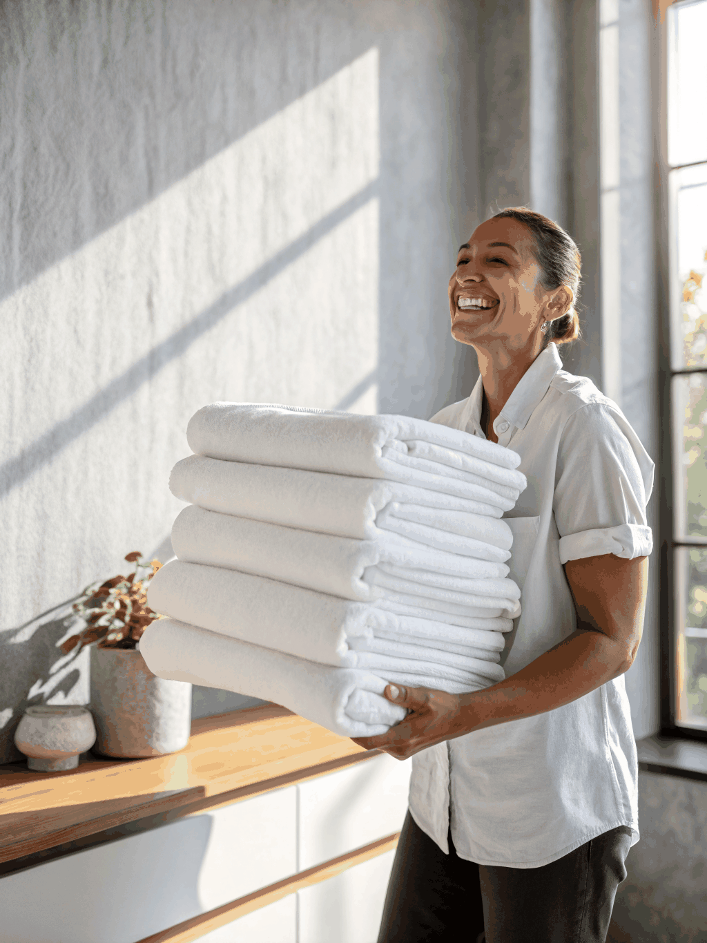 Field specialist preparing luxury linens for guests