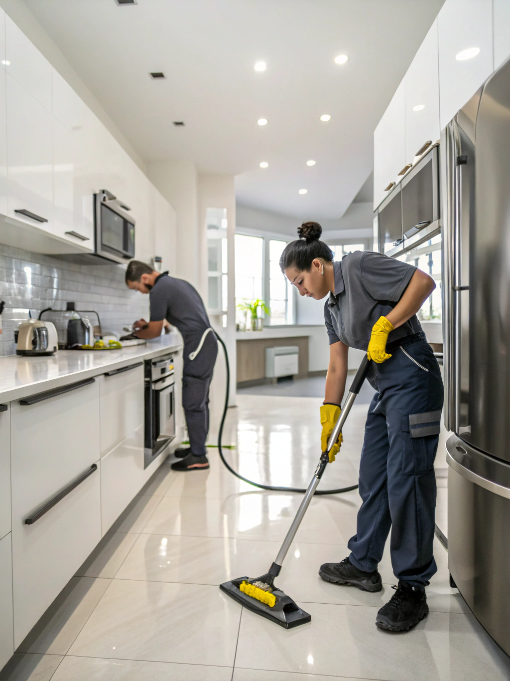 Professional cleaning team performing deep clean